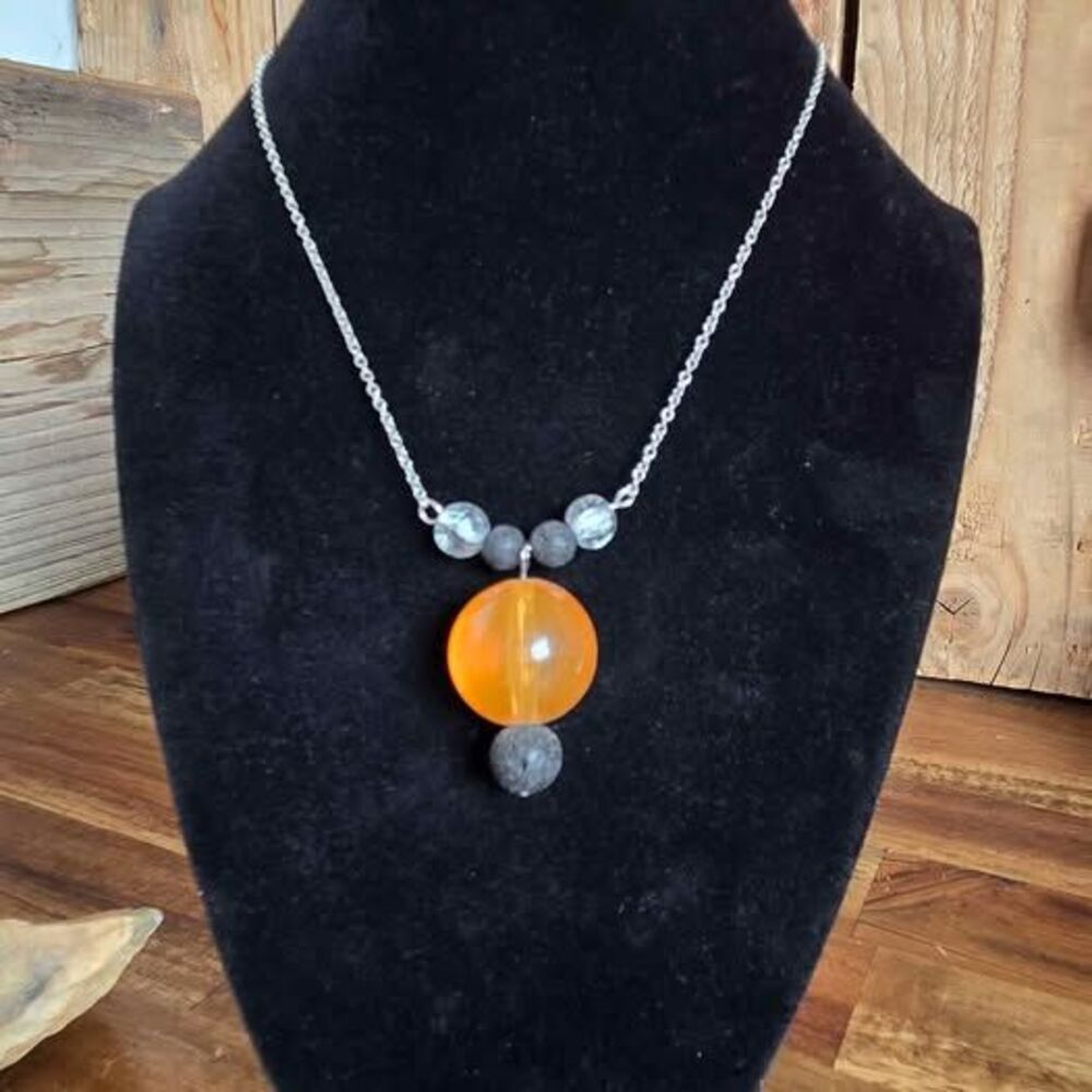 Aromatherapy Necklace Orange Acrylic Bead Lava Stone Essential Oil 20 Inch
